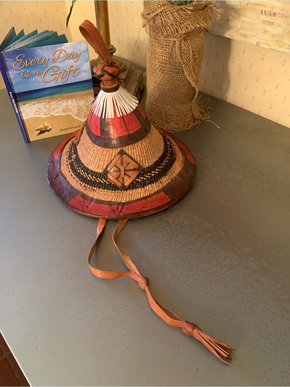 VINTAGE Fulani Hat from West Africa, HANDMADE Conical fiber straw leather trim.